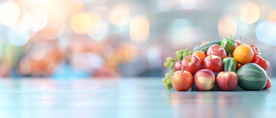 Naklejka premium Colorful fresh fruits and vegetables on a table with a blurred background of lights and people.