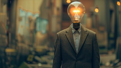 A Mysterious Figure With a Light Bulb Head Illuminates an Urban Alley at Twilight, Merging Technology and Humanity.