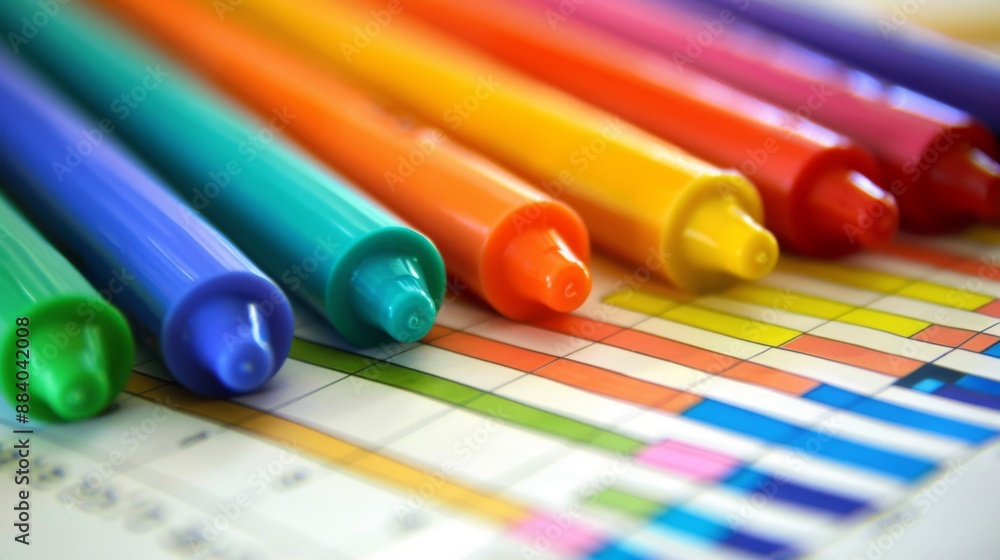 Poster a bar graph printed on paper with colorful markers highlighting key performance indicators.