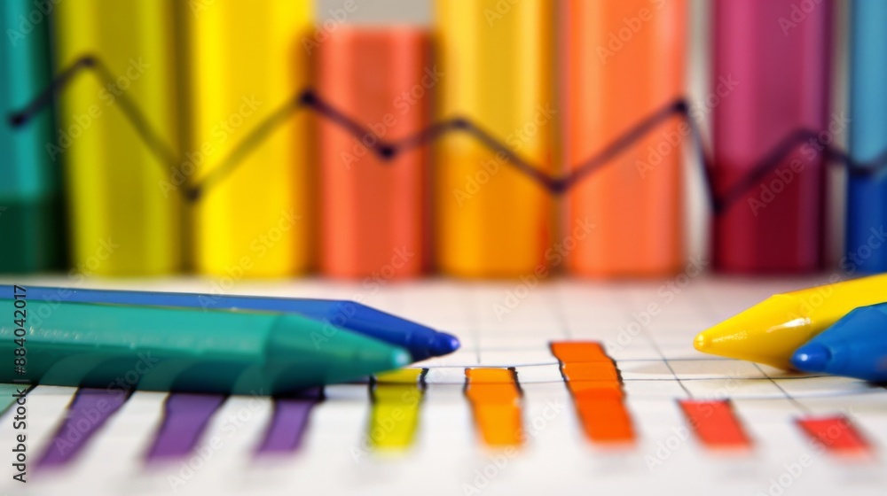Poster a bar graph printed on paper with colorful markers highlighting key performance indicators.