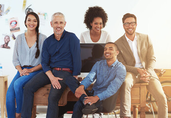Smile, office and portrait of business people at creative agency with confidence, coworking and...