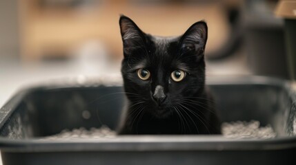 A black cat halfway in and out of a litter box, caught in action.