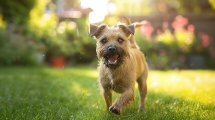 A Border Terrier learning new commands and responding with enthusiasm in a backyard setting.