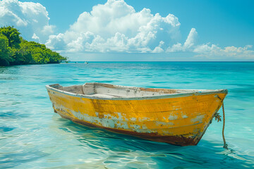 Naklejka premium Small yellow wooden boat floating on calm turquoise water
