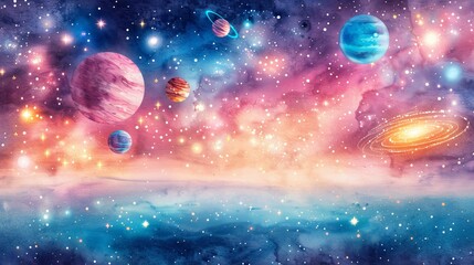 Obraz premium Colorful universe with planets, stars, and nebulae. Vibrant cosmic background depicting outer space in stunning detail.