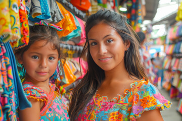 Fototapeta premium Mexican mother and daughter choosing clothes in a traditional market