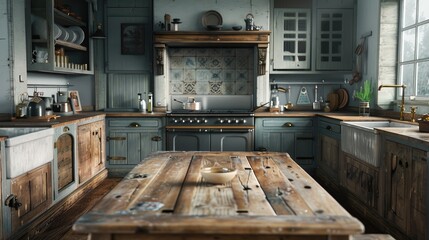 Obraz premium A charming farmhouse kitchen with a large wooden table, rustic cabinetry, a farmhouse sink, and a vintage stove.