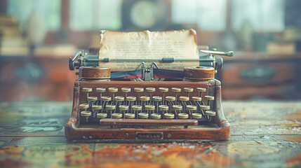 Antique typewriter standing on desk is creating a story