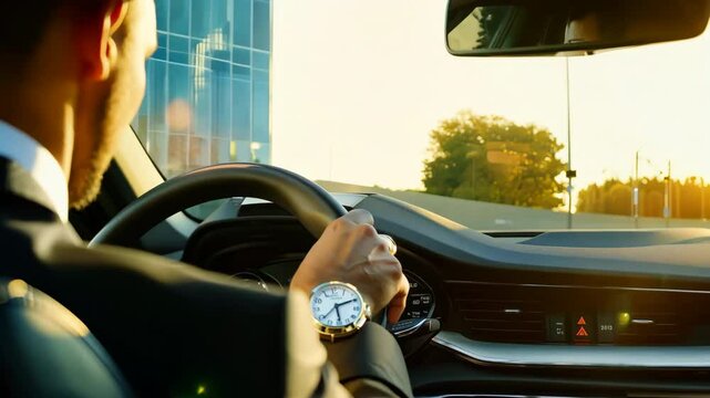 Car driver portrait. Handsome man in classical suit drives a vehicle. Businessman goes to work. Business class taxi. A taxi driver carries a passenger inside auto. Sun light sunset. Evening trip.