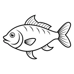 Simple black and white outline drawing of a single fish swimming to the left