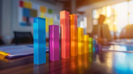 A businessperson presenting a colorful bar graph during a meeting in a modern conference room.