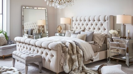 A chic bedroom with a tufted bed, mirrored nightstands, a faux fur throw, and a crystal chandelier.