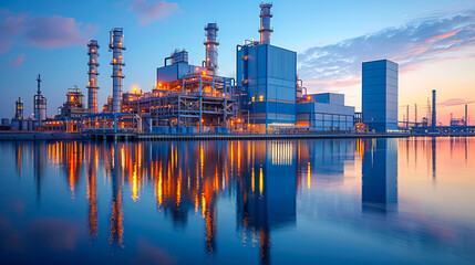 Obraz premium Modern industrial plant by the water at sunset reflecting on the water