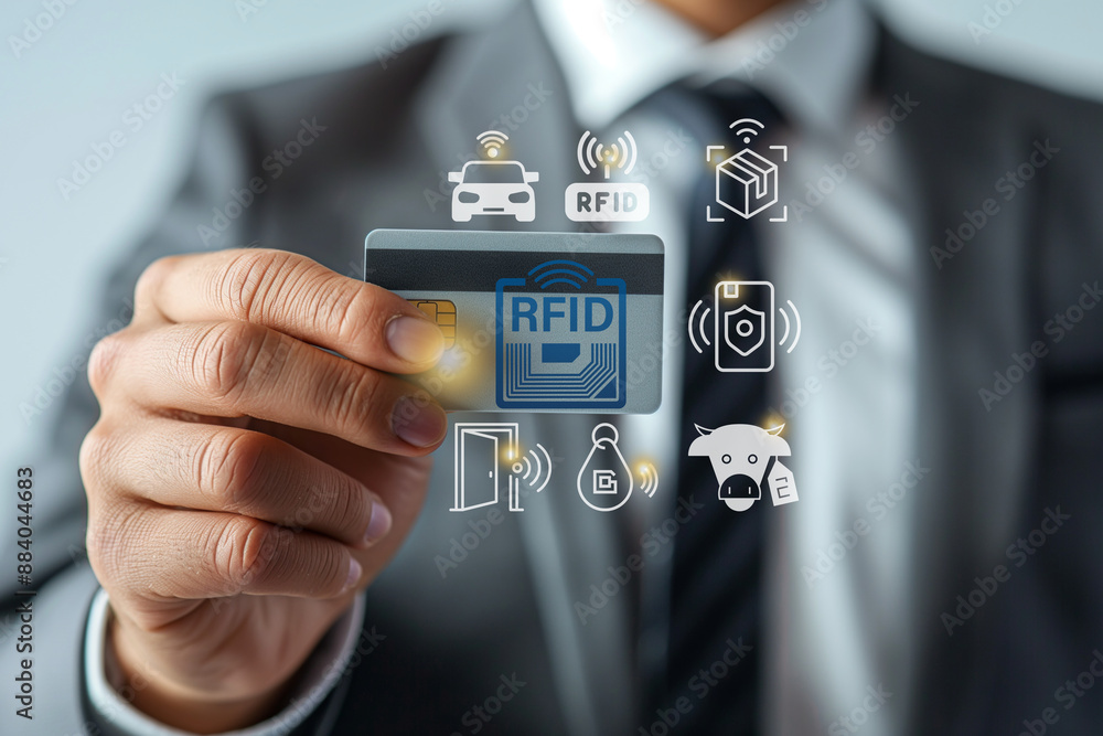 Poster a man is holding a rfid card with a lot of icons on it. concept of modern technology and the importa