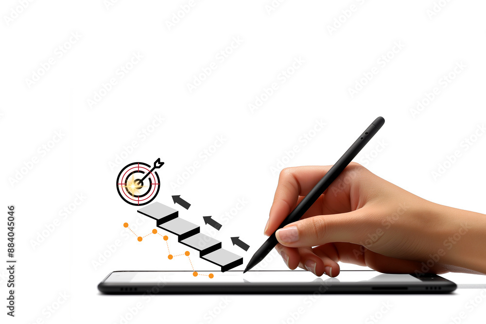 Poster a person is writing on a tablet with a pen. the tablet is displaying a drawing on a white background