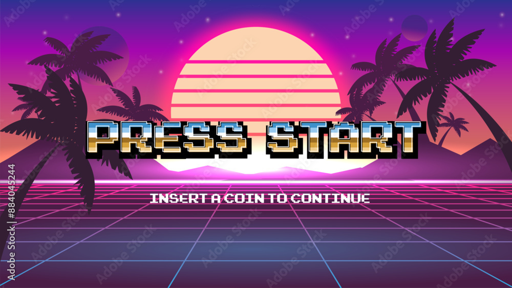 Poster press start insert a coin to continue .pixel art .8 bit game.retro game. for game assets in vector i