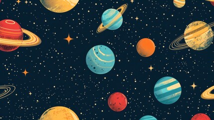 Seamless pattern of retro planets and stars on dark blue background