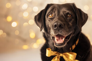 Black dog with a golden ribbon bow around its neck, sitting against a bokeh background, symbolizing celebration and joy. Concept for pet holidays and festive occasions