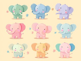 Fototapeta premium 2. Adorable collection of pastel-colored elephant characters with round bodies, showcasing a variety of feelings and poses, from happy and playful to sleepy and curious, drawn in a kawaii vector