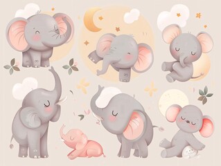 3. Charming set of kawaii elephants in round shapes and pastel tones, depicting different moods and activities, such as jumping, playing, and napping, all illustrated in a delightful vector design on