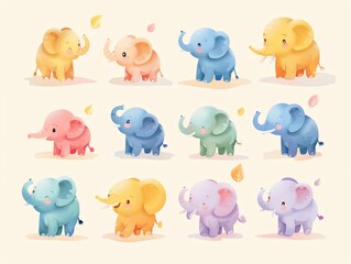 Fototapeta premium 5. Delightful array of round, pastel-colored elephants in various poses and emotions, from cheerful and energetic to calm and sleepy, all rendered in a kawaii vector style on a simple background,