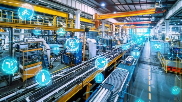 The Internet of Things IoT in manufacturing. Integration of connected devices to optimize production, maintenance, inventory, and other factory operations in the new era of Industry 4.0 