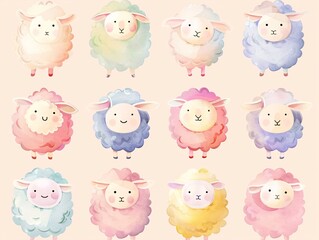 Obraz premium 5. Delightful array of round, pastel-colored sheep in various poses and emotions, from cheerful and energetic to calm and sleepy, all rendered in a kawaii vector style on a simple background, perfect