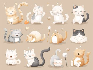 3. Charming set of kawaii cats in round shapes and pastel tones, depicting different moods and activities, such as jumping, playing, and napping, all illustrated in a delightful vector design on a
