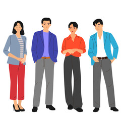 Obraz premium Set of two men and two women stand, couple, different colors, cartoon character, silhouettes standing people, fashion model, design concept flat icon, hand draw vector illustration, isolated on white