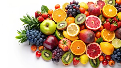 Colorful and vibrant of various fruits on a white background, fruits,colorful, vibrant, background, healthy, food