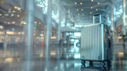 Modern silver suitcase with four wheels in an airport terminal, symbolizing travel