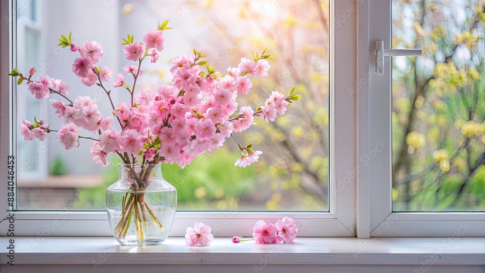 Poster Beautiful pink cherry blossoms in a vase on the windowsill, cherry blossoms, pink, beautiful, vase, windowsill, spring