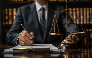 Professional lawyer writing at desk with scales of justice, representing accuracy and professionalism in the legal field
