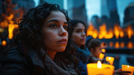 Obraz premium Solemn Candlelight Vigil with Tearful Woman Remembering Loved Ones in Urban Evening Setting