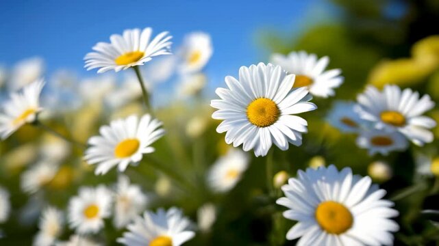 Field daises background swaying in wind close up. White blooming chamomile flowers summer field meadow close-up. Wildflowers in nature spring. Environmental conservation, ecosystem. beautiful daises