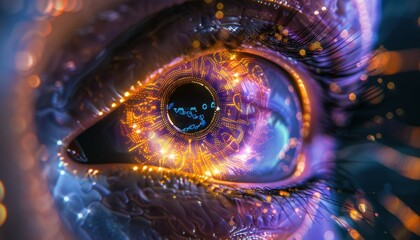 The Optical Biometrics Eye Futuristic Cyberspace Technology Neural Network with Beautiful Colors Scan