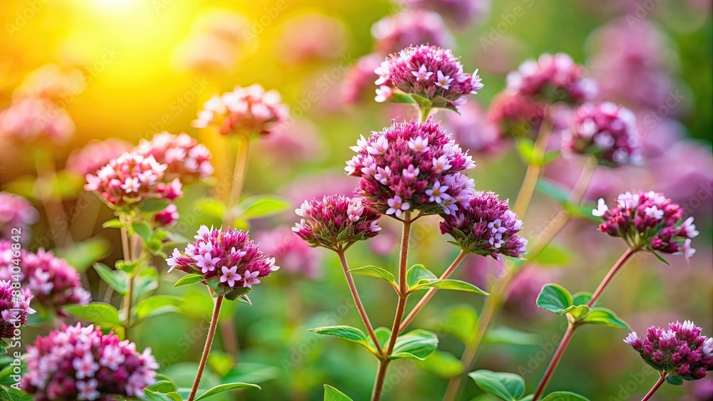 Sticker Ornamenta Oregano flowers blooming beautifully in a vibrant garden setting, Oregano, flowers, garden, blooming, ornamental