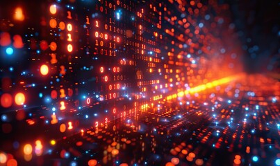 Futuristic cyberspace with an abstract binary code matrix background, featuring digits and programming code, forms an abstract technology background for software developers and computer scripts.