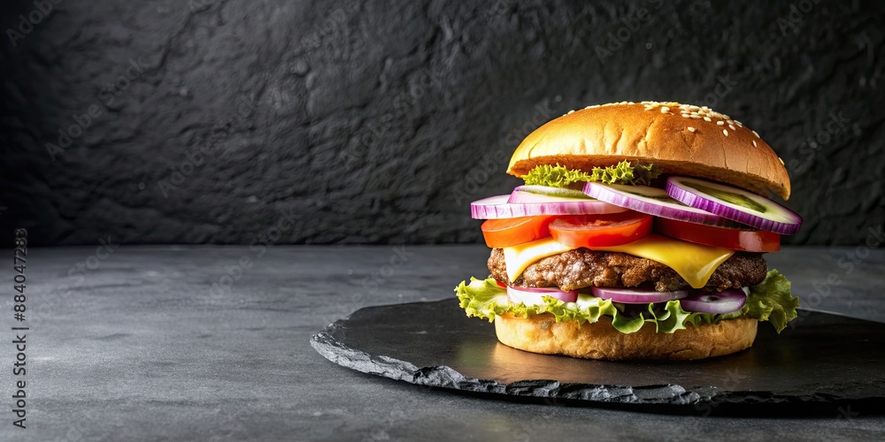 Canvas Prints Burger with cheese, tomatoes, red onions, cucumber and lettuce on black slate over dark background, burger