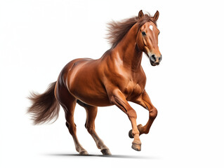 Brown horse isolated on white background. Running animal. Gallop competition. Horse racing and jumping competition Strong speed. Realistic photo generated by Ai technology