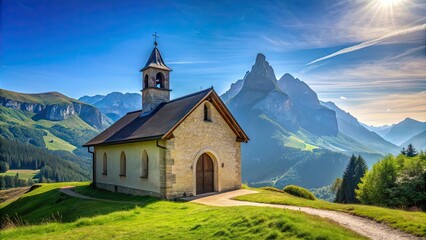 Fototapeta premium Chapelle Notre-Dame des Chaumes on a sunny day with a mountain landscape in the background, Vosges