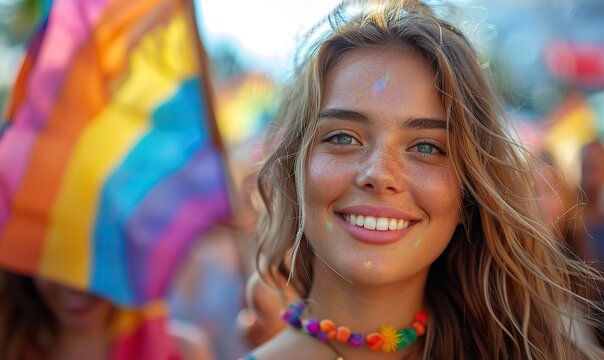 Smiling and holding a rainbow flag, a young activist woman enjoys marching on the street for LGBTQ+ rights, representing the social movement's symbol of diversity and gender identity.