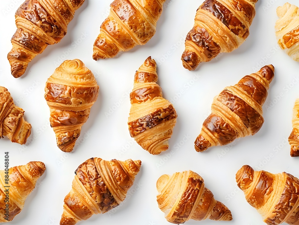 Poster freshly baked golden croissants arranged in a visually appealing pattern on a white background with 