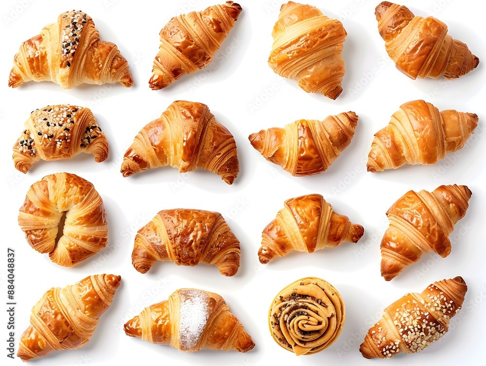 Poster freshly baked croissants arranged in visually appealing pattern on white background with copy space