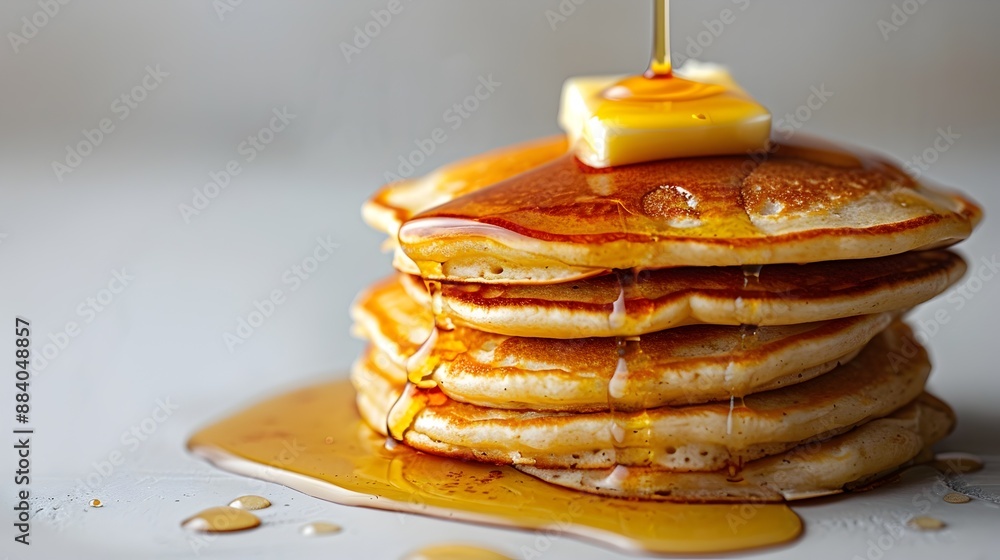 Poster fluffy pancake stack topped with butter and maple syrup on white background