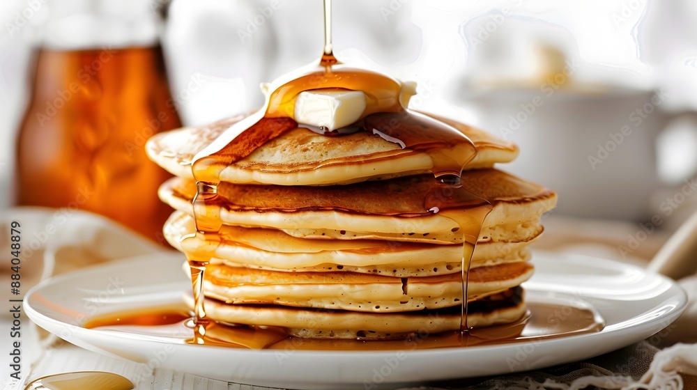 Poster fluffy pancake stack topped with butter and maple syrup on white background