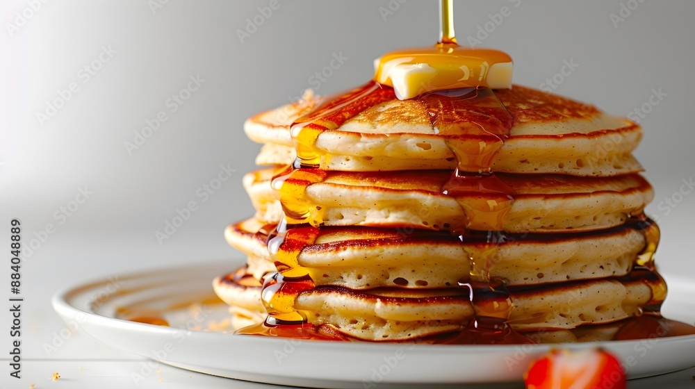 Poster fluffy pancake stack topped with butter and maple syrup on white background