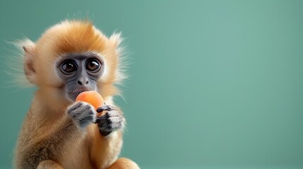 Fototapeta premium Captivating Golden Snub nosed Monkey Enjoying Apricots on Mint Green Background with Copy Space