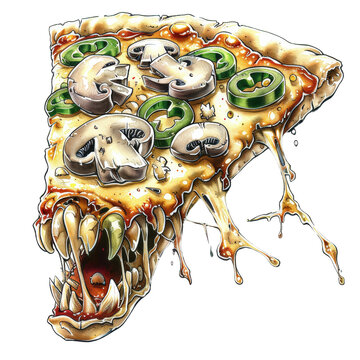 A bizarre pizza slice with monstrous features, mushrooms, and jalapenos. An unsettling and surreal culinary creation for Halloween, unique stock photos isolated on white or transparent png background