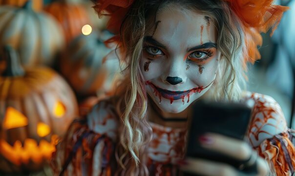 A smiling woman with spooky makeup is using a mobile phone at a Halloween celebration, while a happy woman in a Halloween costume is taking a selfie using a smartphone.